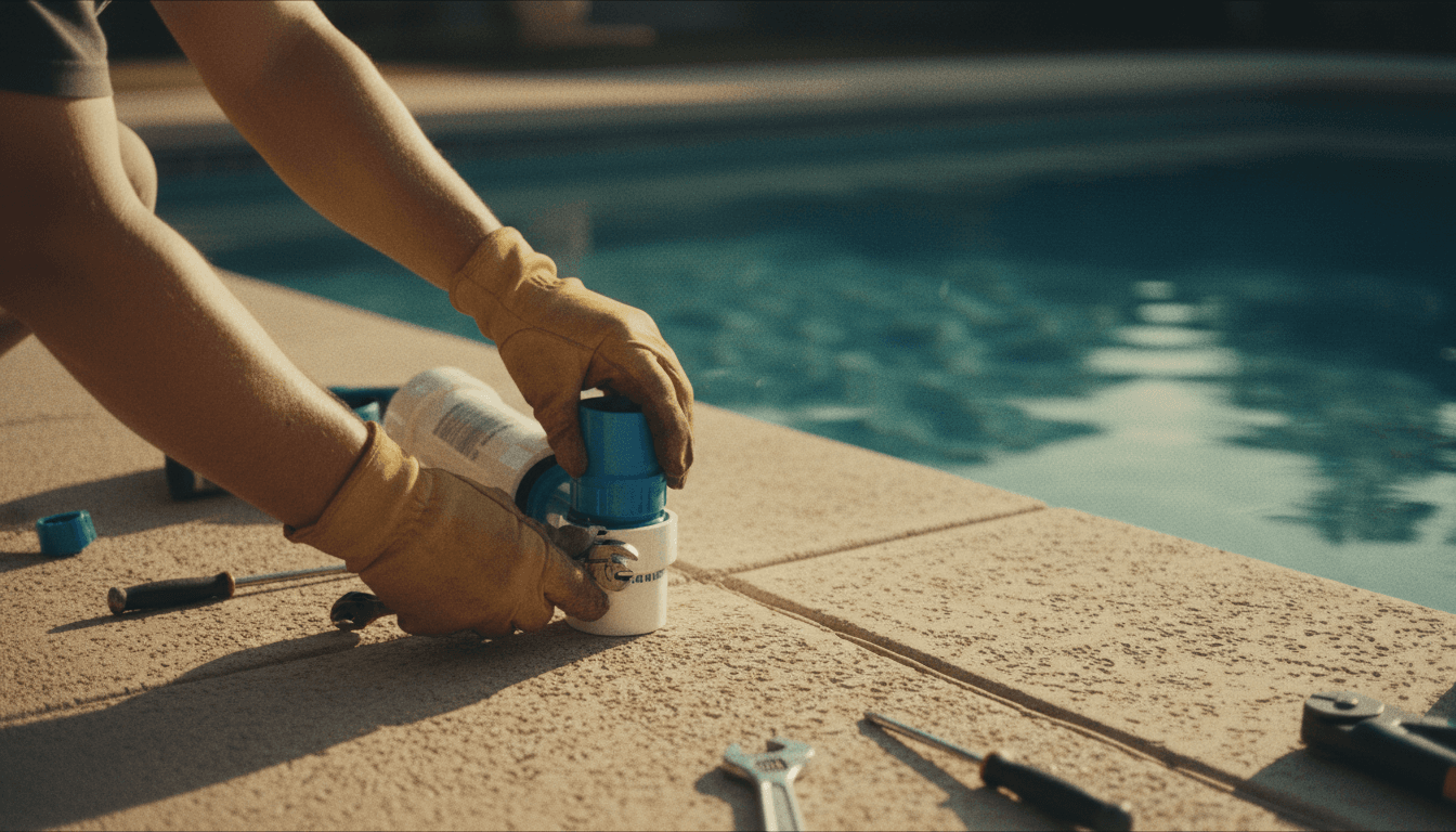 Contractor installing a new pool pump filter connection by the pool deck
