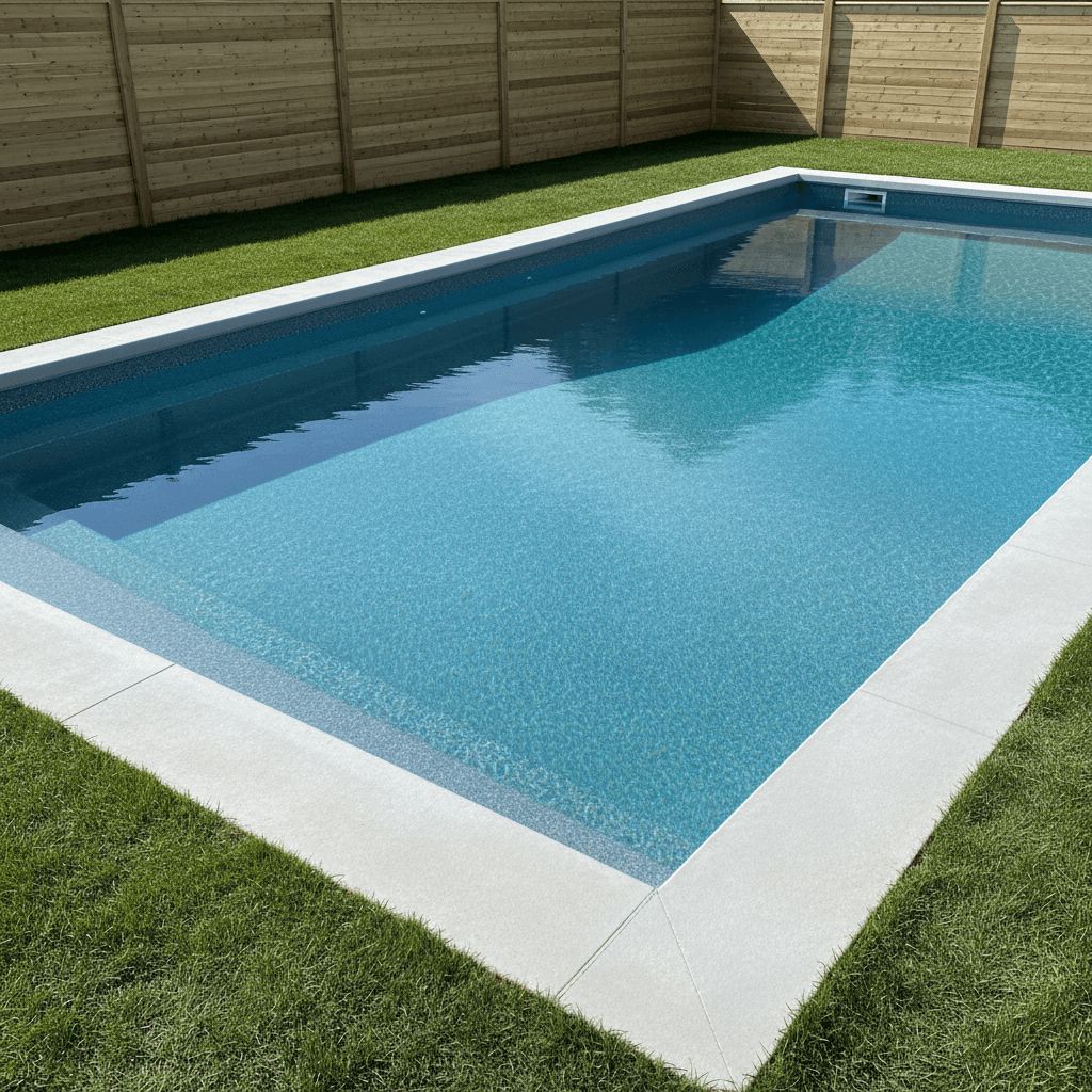 New backyard swimming pool with clear water and clean concrete edges