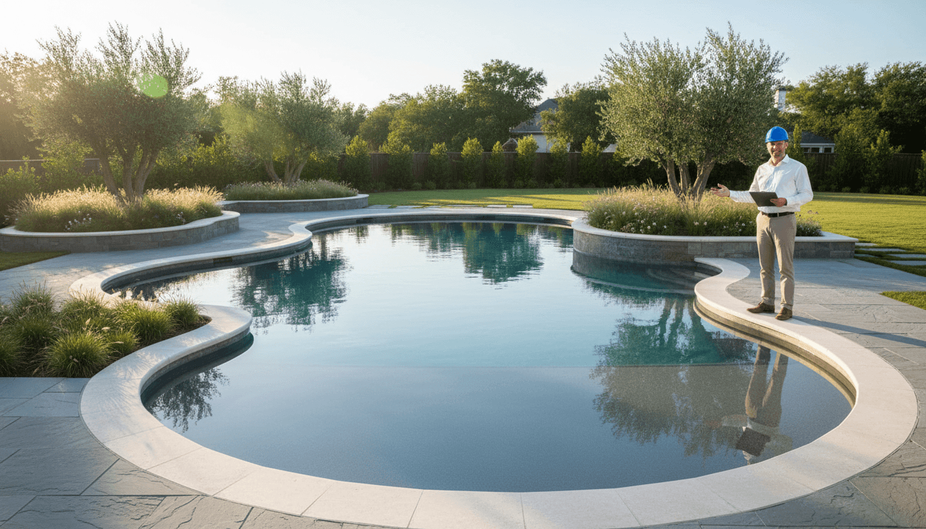 Freshly built backyard pool with clean concrete deck in East Islip
