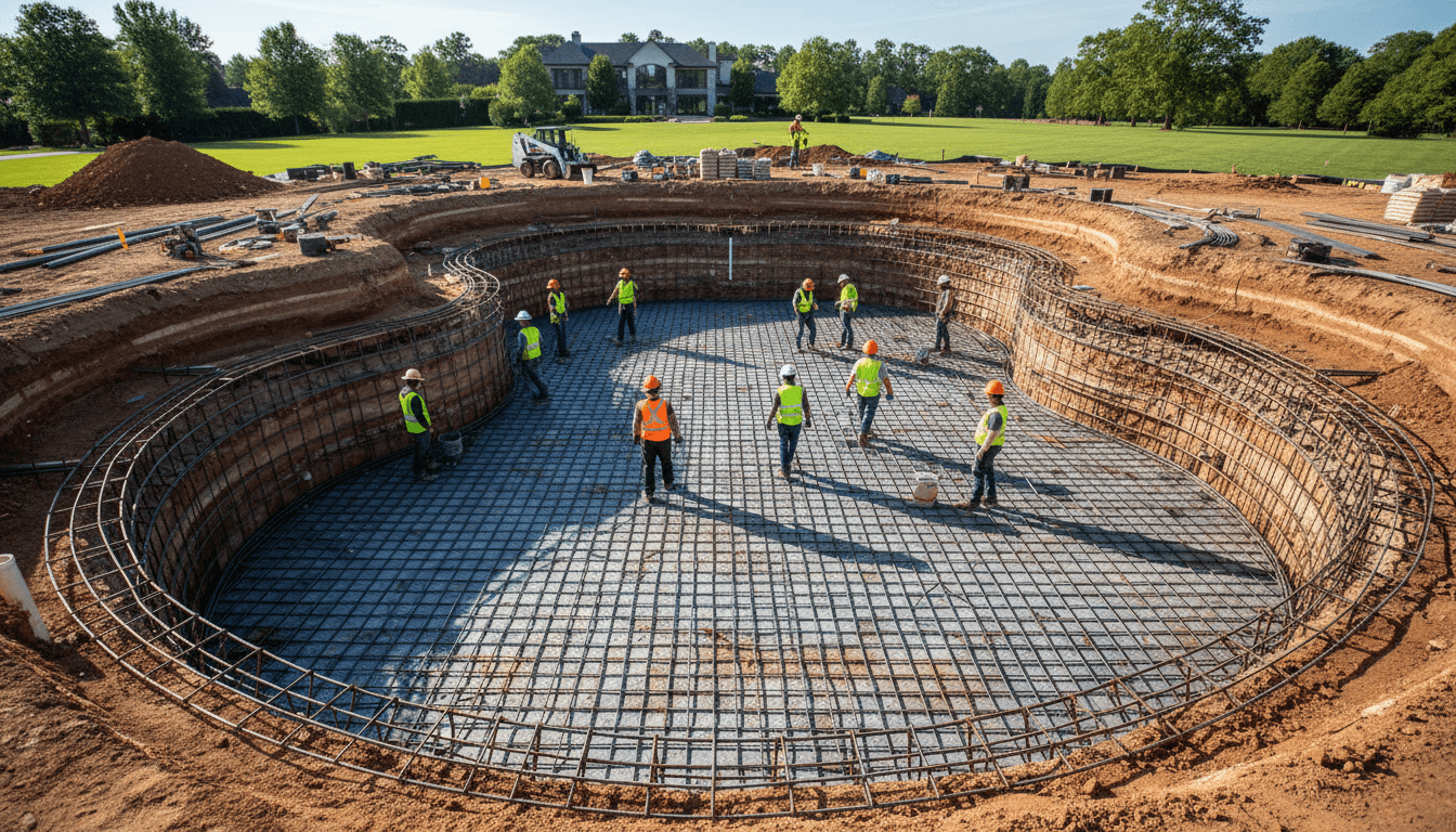 Swimming pool under construction in a backyard