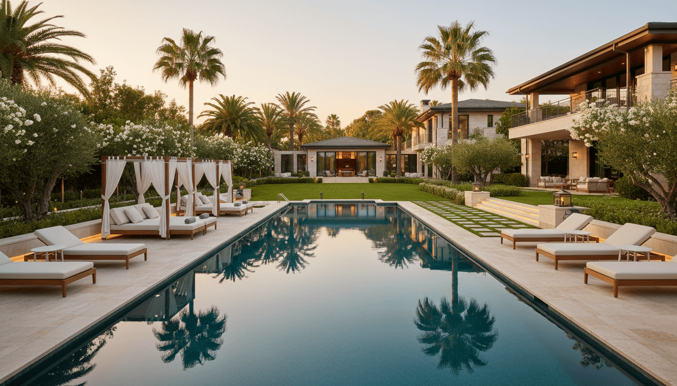 Newly built residential swimming pool with clear blue water in a backyard