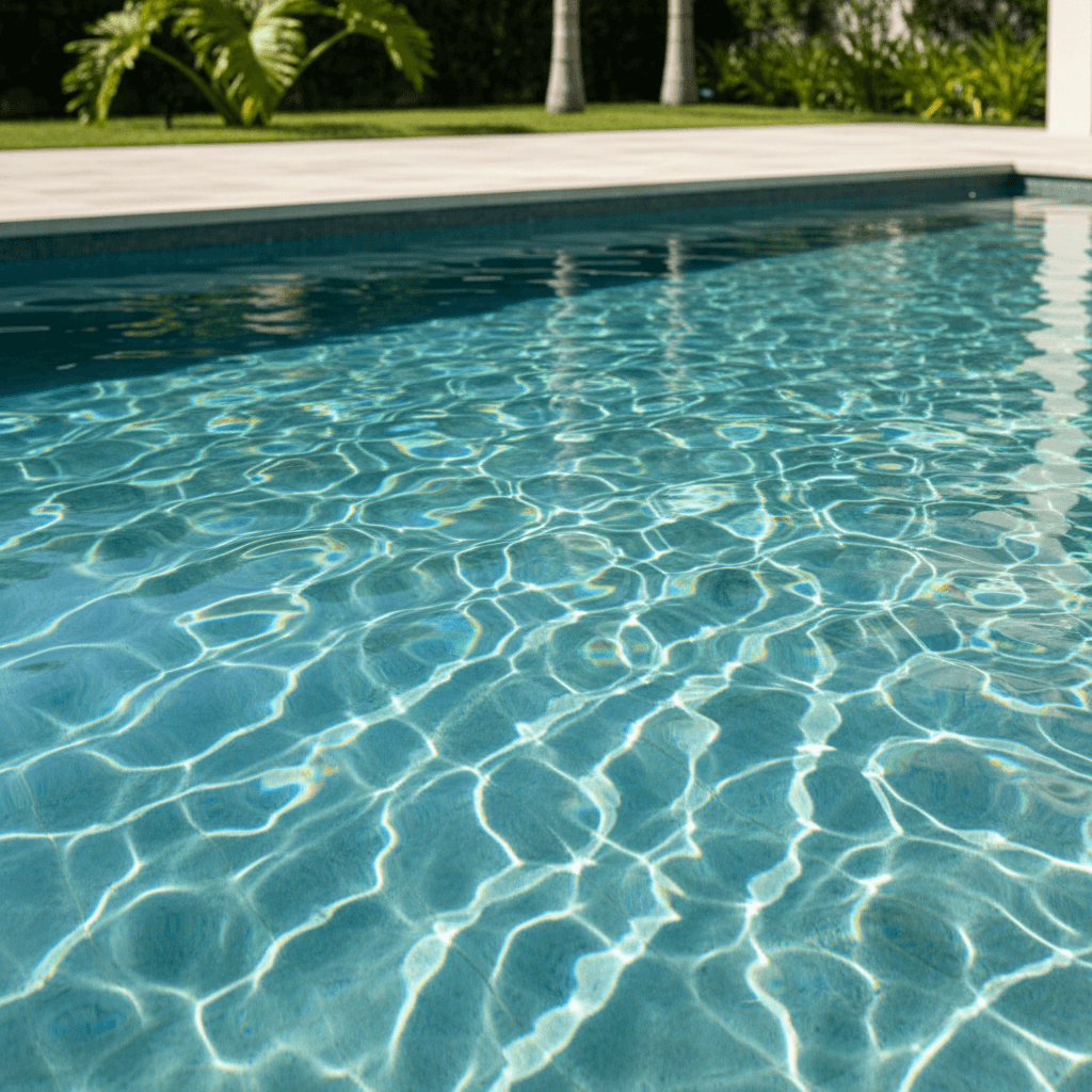 Newly constructed pool with clear water and clean deck in East Islip